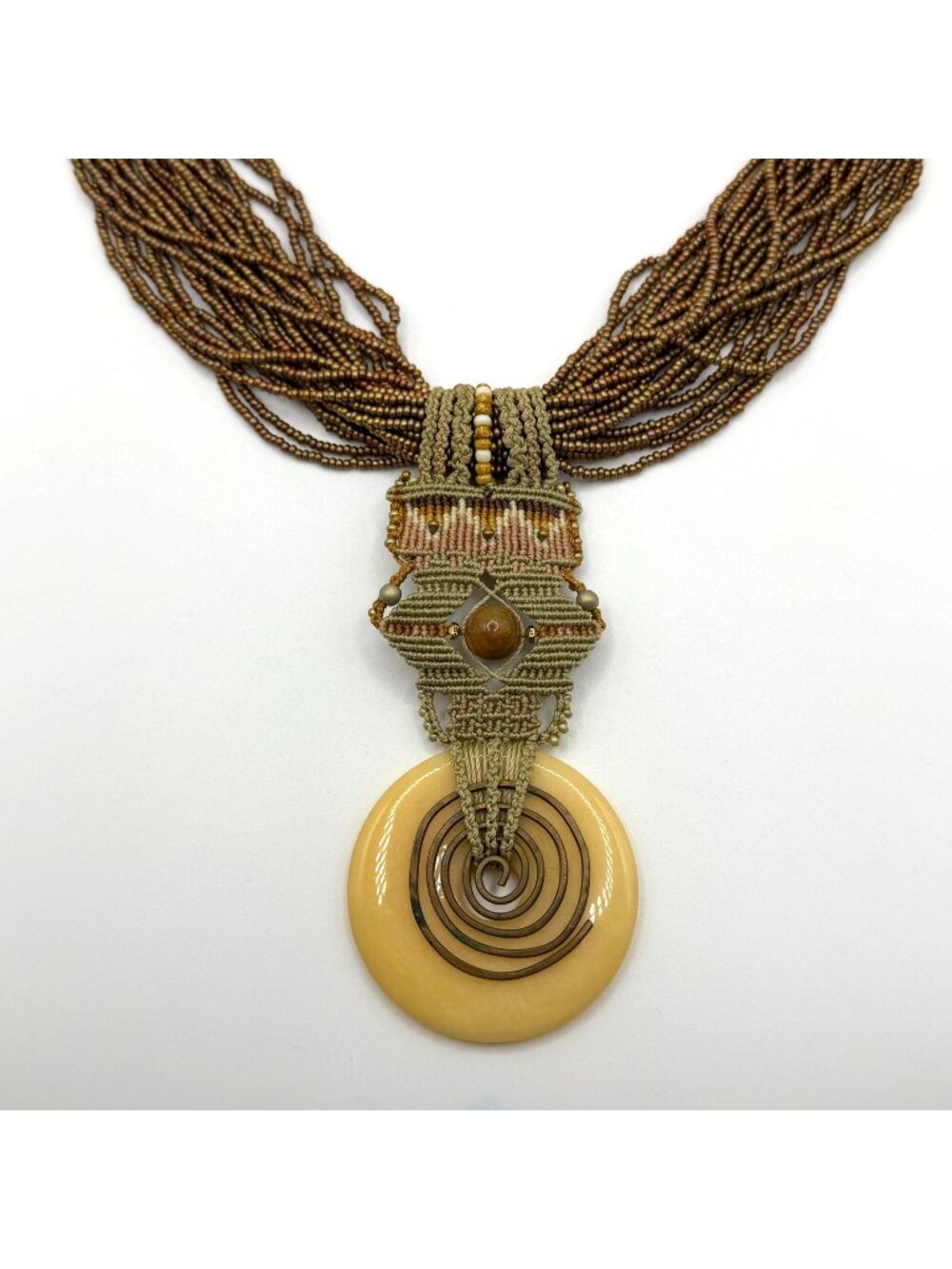 Joan Babcock Necklace Pendant Micro Macrame Multi-Strand Glass Circular Pendant